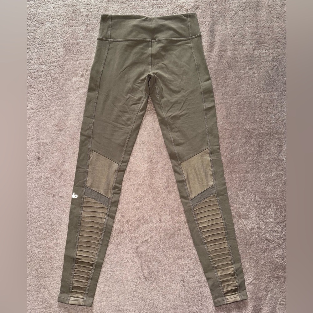 Alo High Waist Moto Leggings Textured‎ Ribbed Knit Mesh Panels beige Sz S